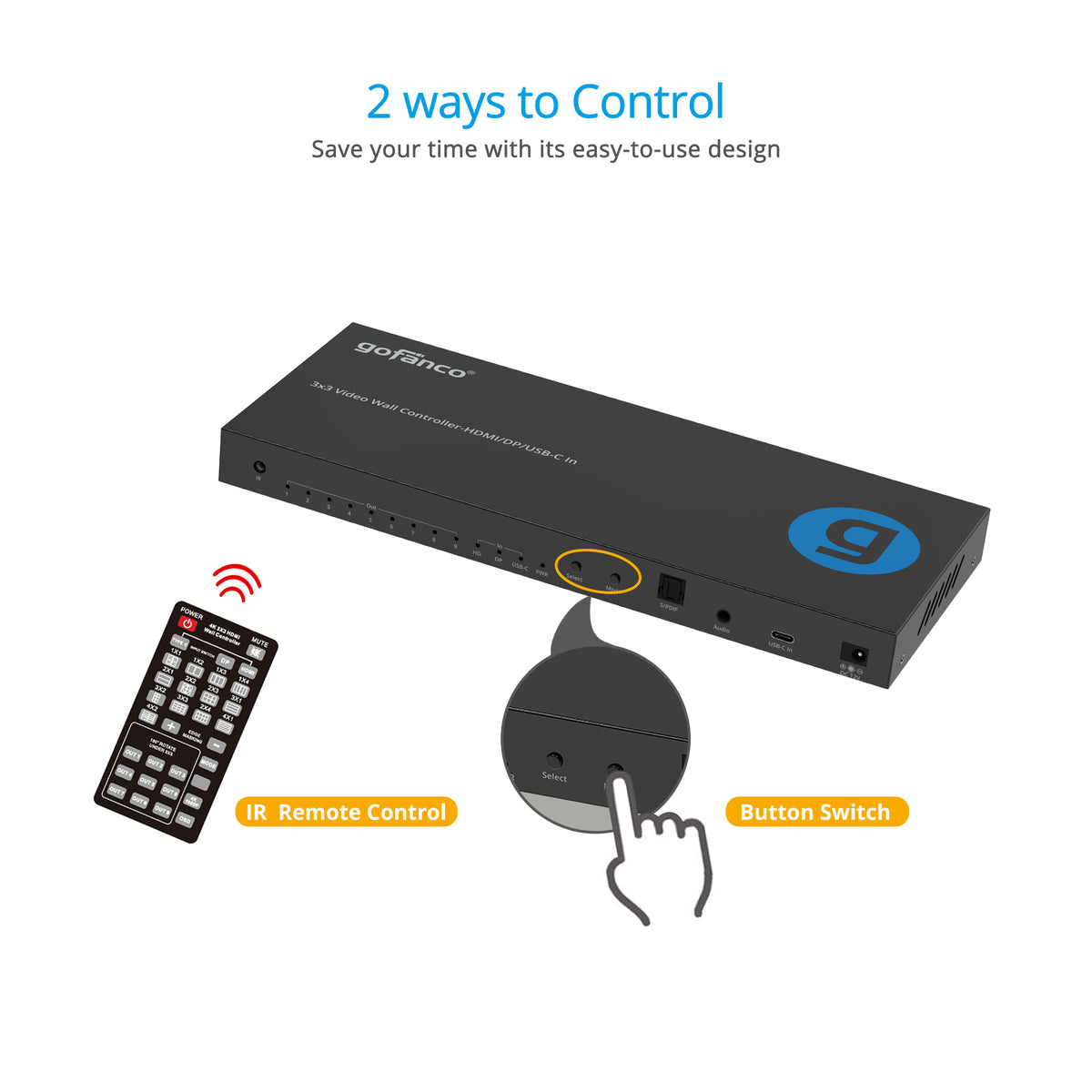 3x3 Video Wall Controller-HDMI/DP/USB-C - 4K30Hz - 17 built-in splicing modes