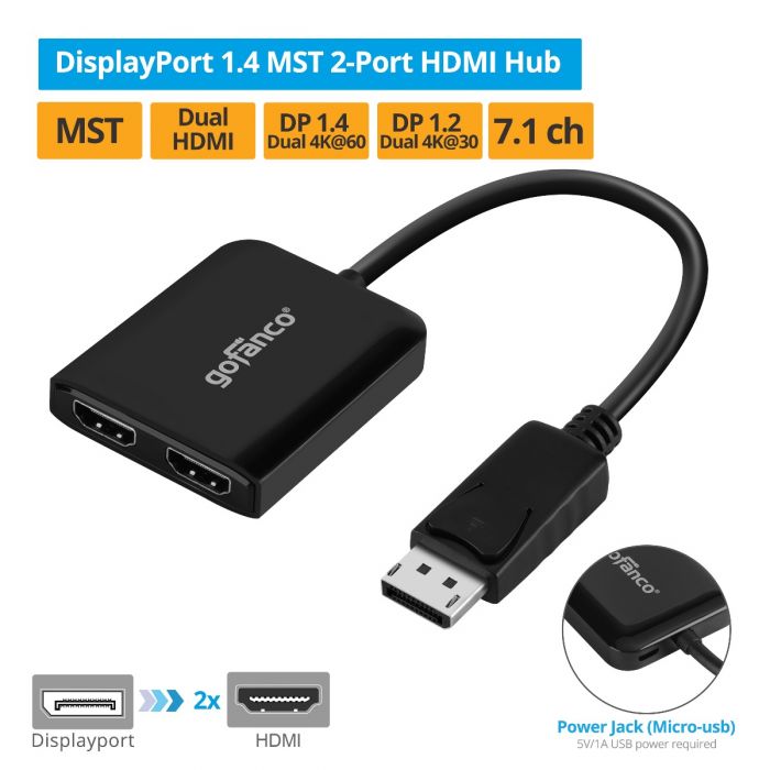 DisplayPort 1.4 MST 2-Port HDMI Hub (DP14MST2HD)