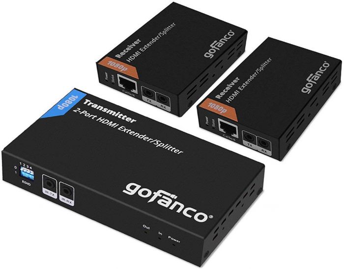 40m gofanco 1x2 2-Port HDMI Extender Splitter over Cat5e/6/7 130ft at 1080p