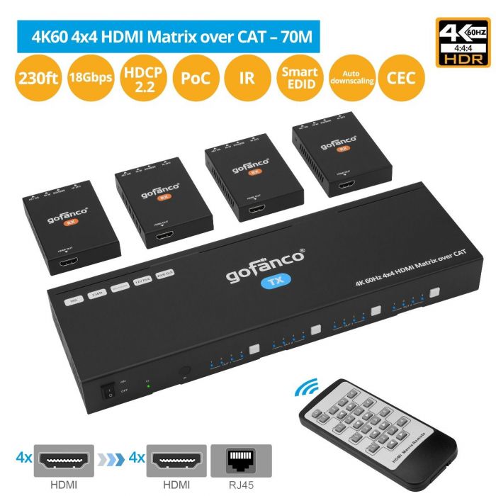 4K60 4x4 HDMI Matrix over CAT – 70m (Matrix44HD2CAT)