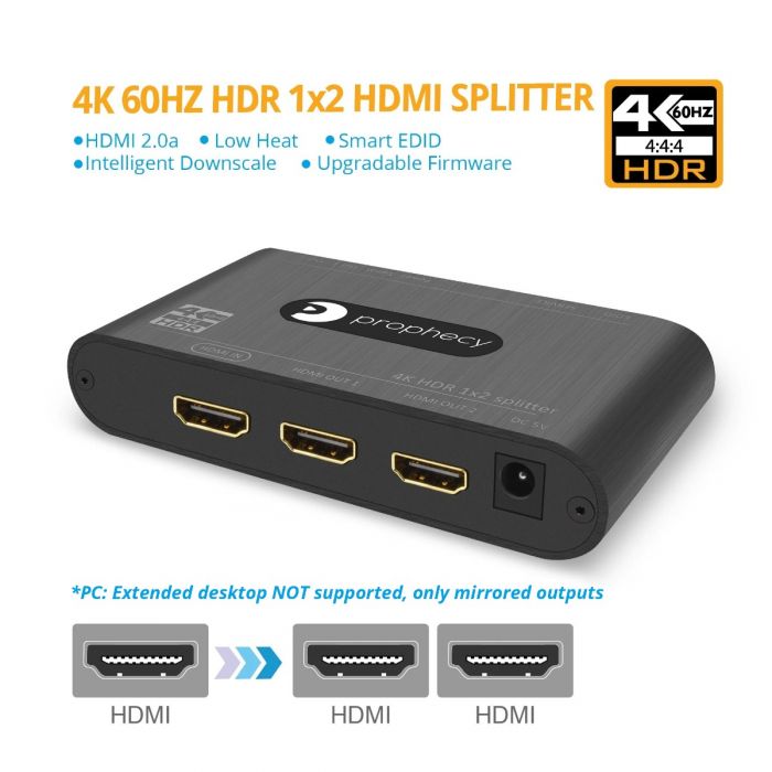 Prophecy 2-Port HDMI Splitter (4K, HDR, Downscaling) | gofanco