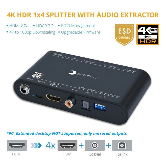 i tilfælde af På kanten Finde sig i 4K-HDR 1x4 Splitter with Audio Extractor (PRO-HDRsplit4P-Aud)