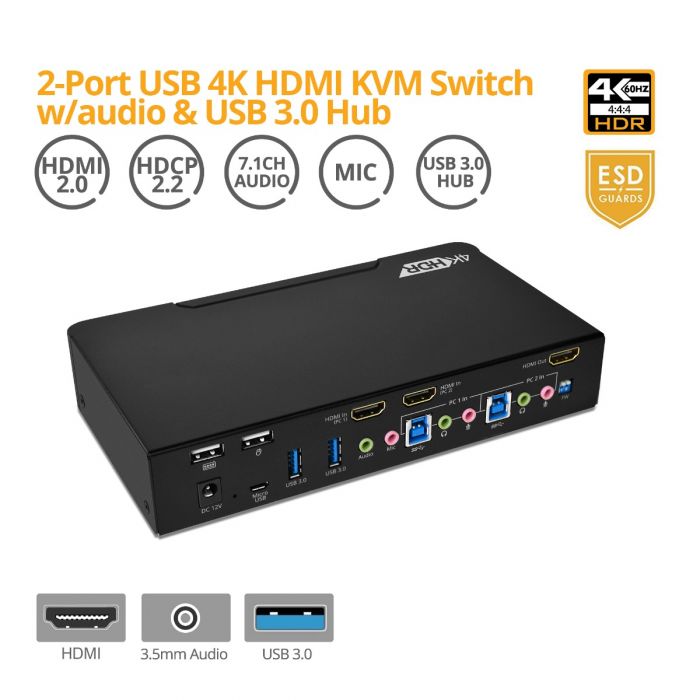 Ubuntu Linux Mac CKLau Ultra HD 4 Port HDMI 2.0 Cables KVM Switch with Audio and USB 2.0 Hub Support Keyboard Mouse Switching Max Resolution Up to 4Kx2K@60Hz 4:4:4 for Windows Raspbian