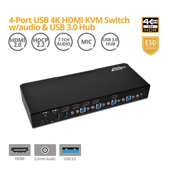 4-Port HDMI 2.0a & Audio KVM Switch with USB 3.0 Hub | gofanco