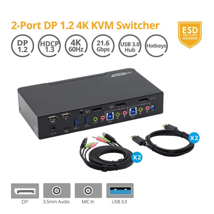 2-Port USB 4K DisplayPort KVM Switch (PRO-KVMDP-2Pv2)