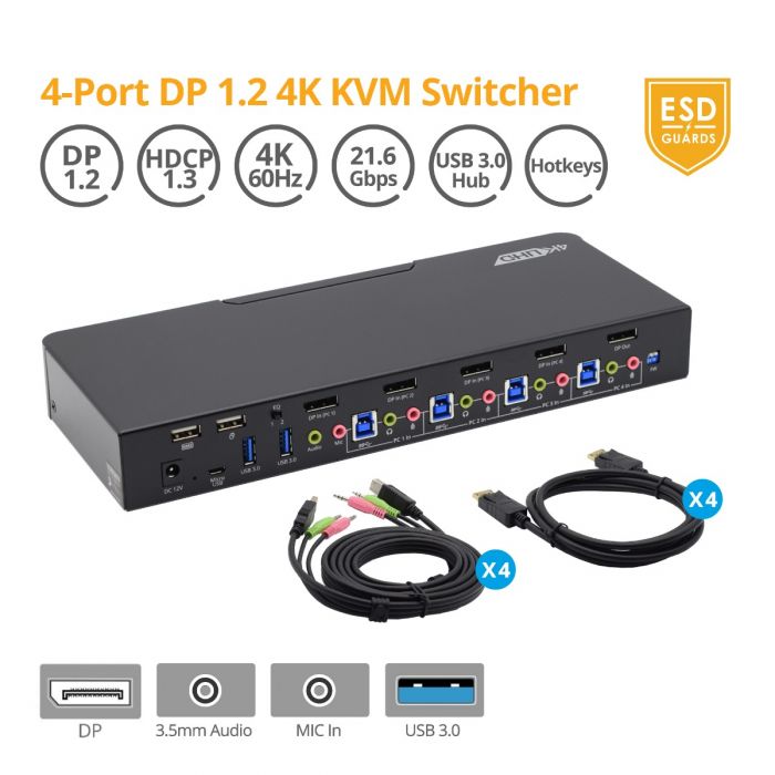 4-Port 4K DisplayPort & Audio KVM Switch with USB 3.0 Hub | gofanco