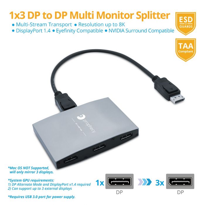 1x3 DisplayPort to DP MST Hub/Splitter (PRO-MSTDP3DP14)