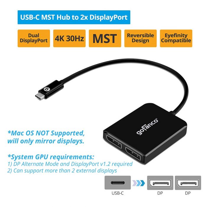 2-Port DisplayPort to USB-C MST Multi-Monitor Splitter