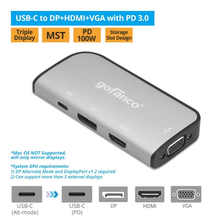 USB-C to DP+HDMI+VGA MST Hub with PD 3.0 (USBCMST3VID)