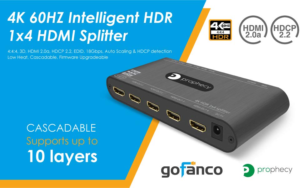 1x4 HDMI Splitter | 4 Port | 1 in - 4 Out | Ultra HD 4K/2K @ 60Hz (60 fps),  HDR | HDMI 2.0, HDCP 2.2 | Full HD/3D | 1080P | DTS | Digital Sound 